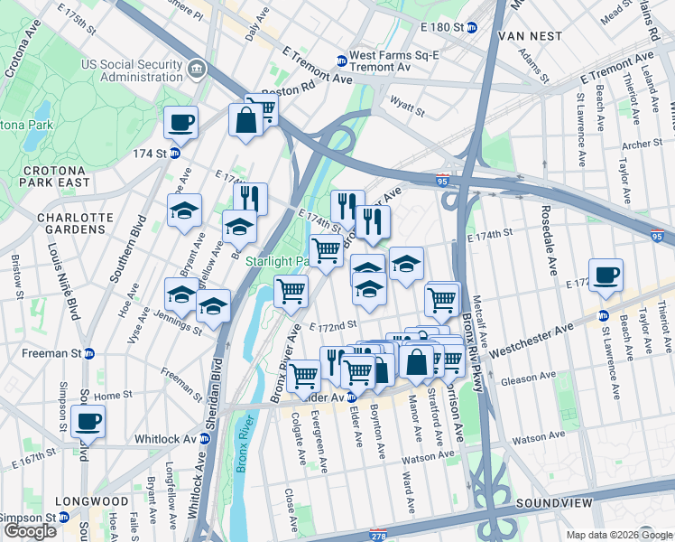 map of restaurants, bars, coffee shops, grocery stores, and more near 1364 Bronx River Avenue in Bronx