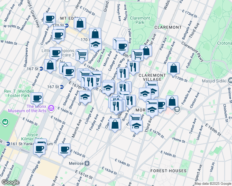 map of restaurants, bars, coffee shops, grocery stores, and more near 1244 Teller Avenue in Bronx