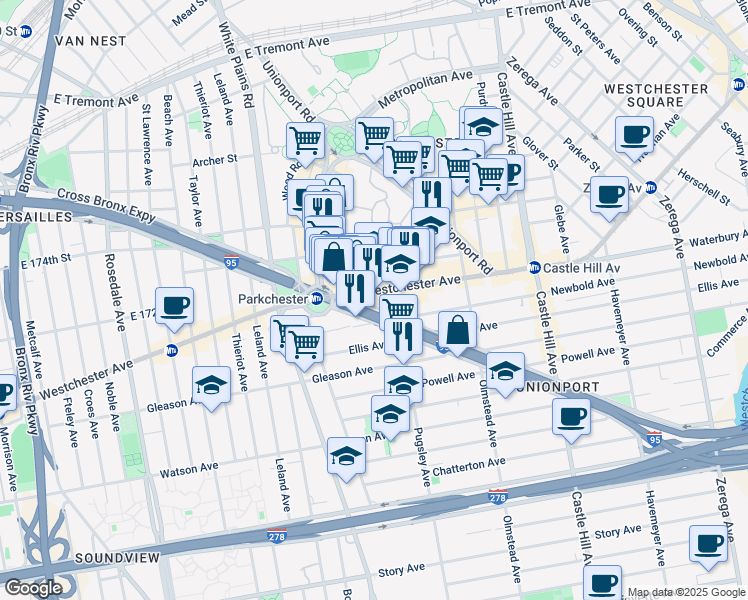 map of restaurants, bars, coffee shops, grocery stores, and more near 1980 Westchester Avenue in Bronx