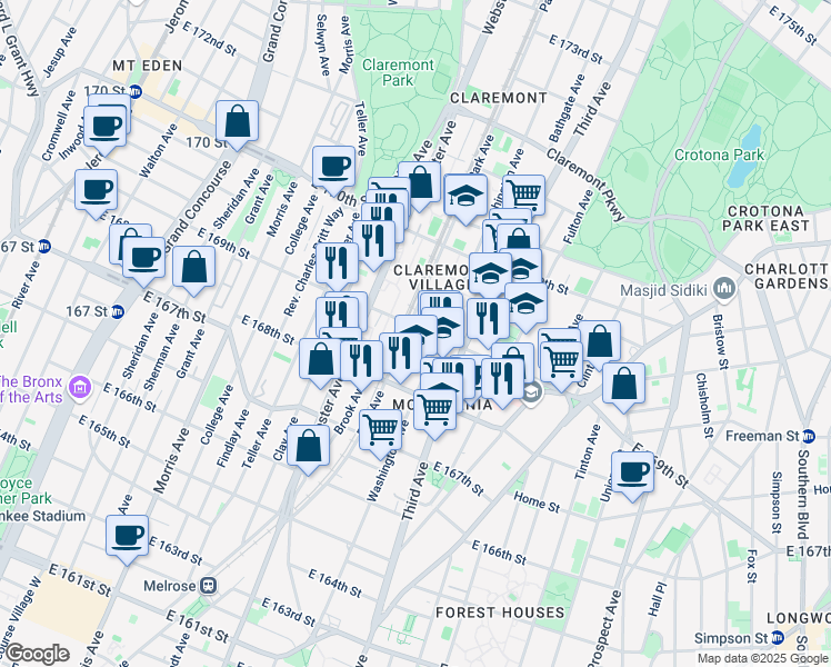 map of restaurants, bars, coffee shops, grocery stores, and more near 450 East 169th Street in The Bronx
