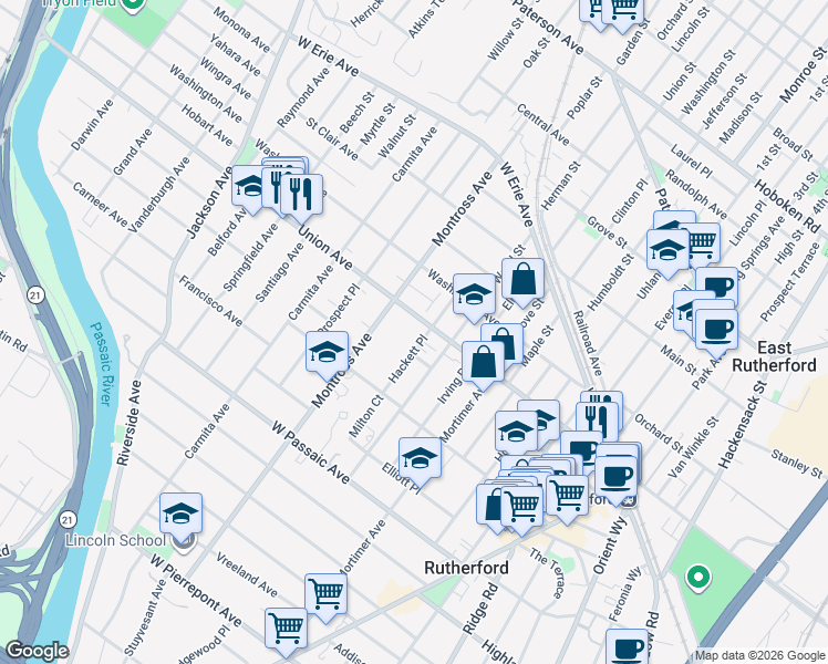 map of restaurants, bars, coffee shops, grocery stores, and more near 132 Hackett Place in Rutherford