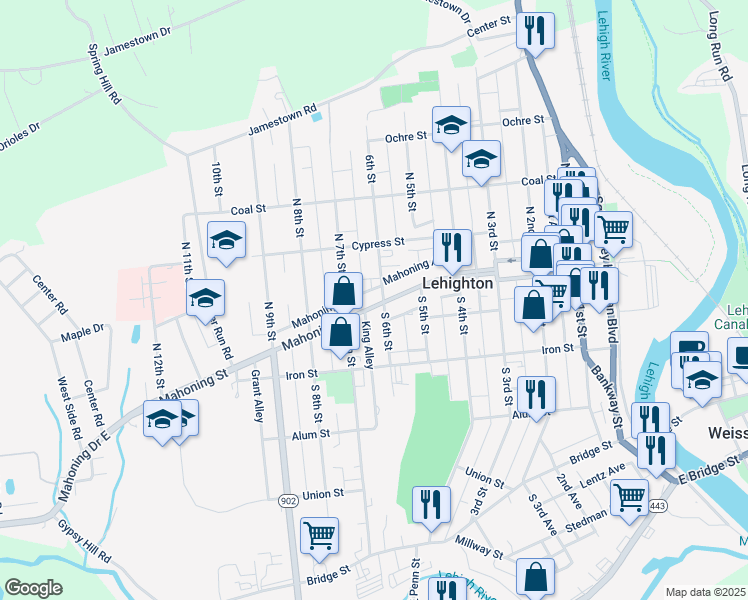 map of restaurants, bars, coffee shops, grocery stores, and more near 606 Mahoning Street in Lehighton