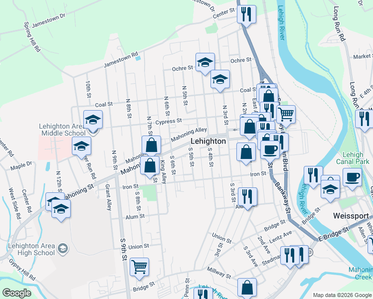map of restaurants, bars, coffee shops, grocery stores, and more near 100-120 South 5th Street in Lehighton