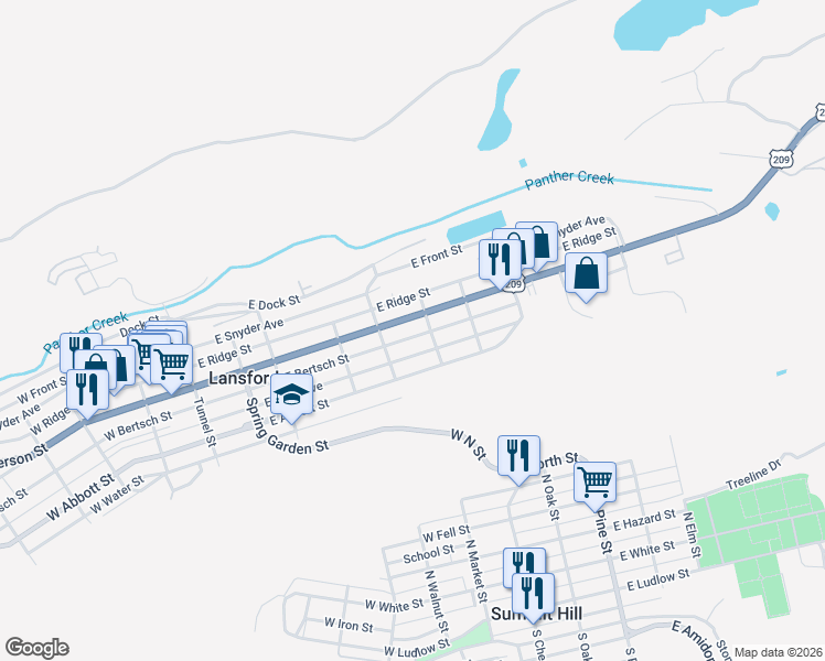 map of restaurants, bars, coffee shops, grocery stores, and more near 431 East Bertsch Street in Lansford