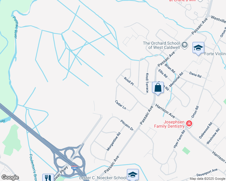 map of restaurants, bars, coffee shops, grocery stores, and more near 33 Cedar Lane in Roseland