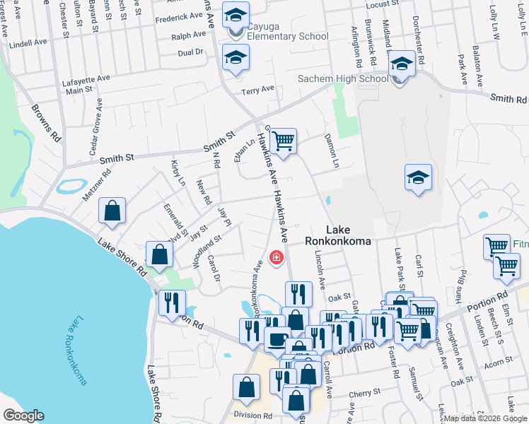map of restaurants, bars, coffee shops, grocery stores, and more near 3 Woodland Street in Lake Ronkonkoma