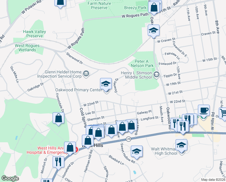 map of restaurants, bars, coffee shops, grocery stores, and more near 23 Downey Drive in Huntington