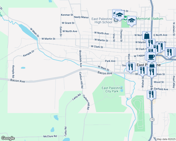 map of restaurants, bars, coffee shops, grocery stores, and more near 603 Ohio 558 in East Palestine