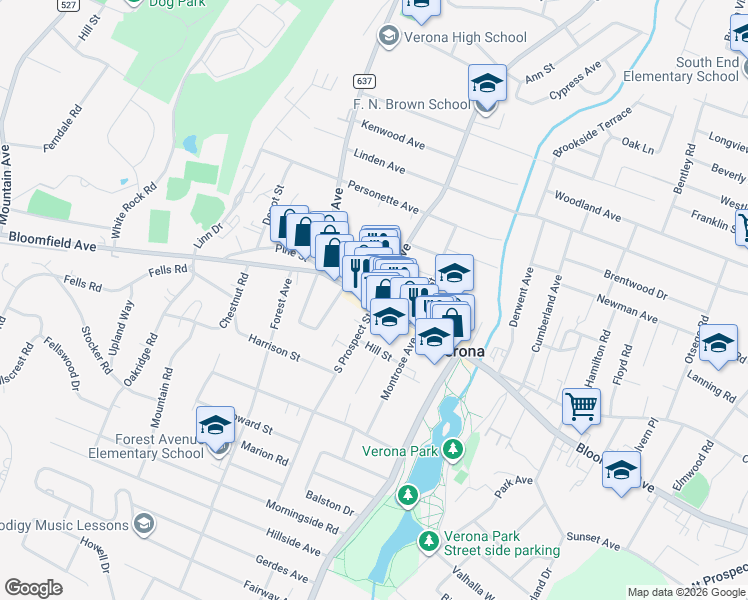 map of restaurants, bars, coffee shops, grocery stores, and more near 16 Grove Avenue in Verona