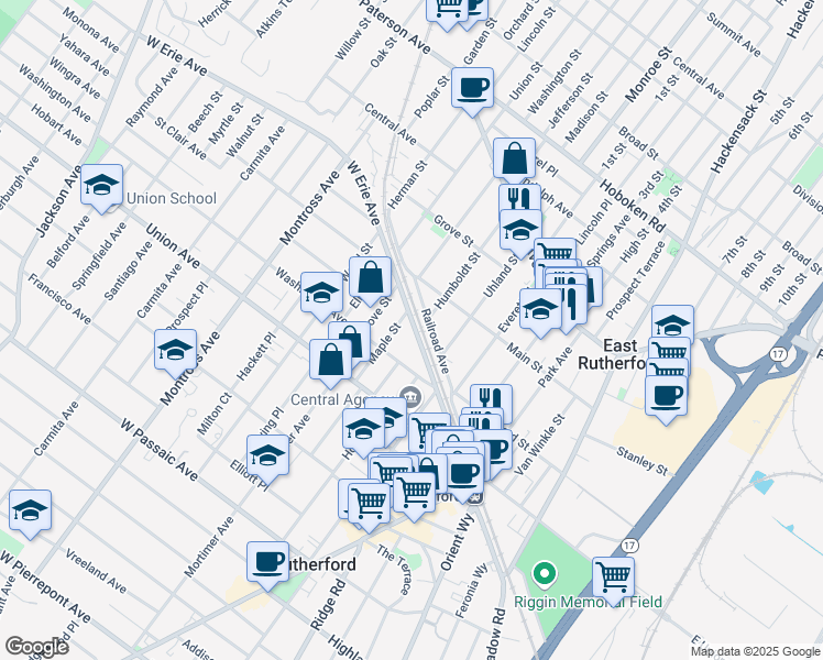 map of restaurants, bars, coffee shops, grocery stores, and more near 64 West Erie Avenue in Rutherford