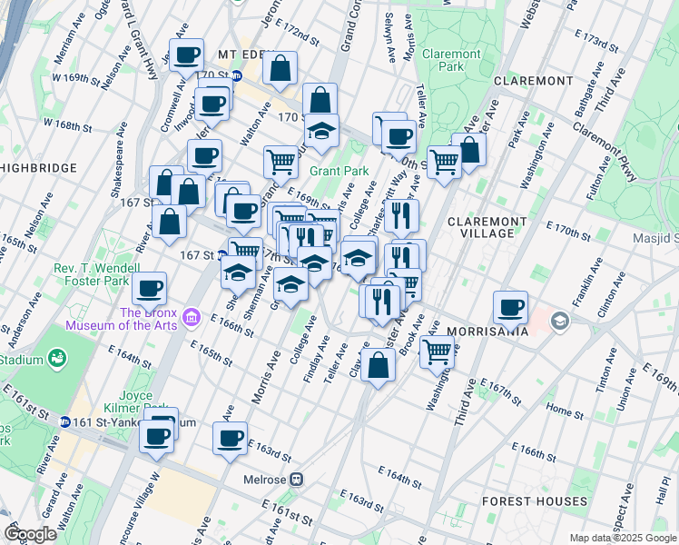 map of restaurants, bars, coffee shops, grocery stores, and more near 1227 College Avenue in Bronx