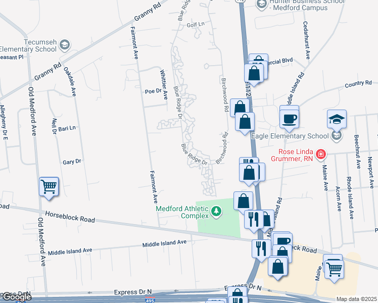 map of restaurants, bars, coffee shops, grocery stores, and more near 568 Blue Ridge Drive in Medford