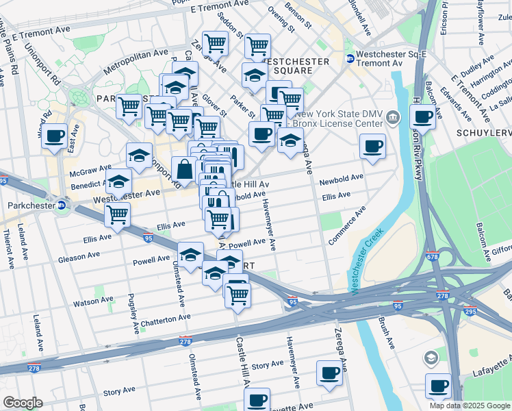 map of restaurants, bars, coffee shops, grocery stores, and more near 2247 Ellis Avenue in Bronx
