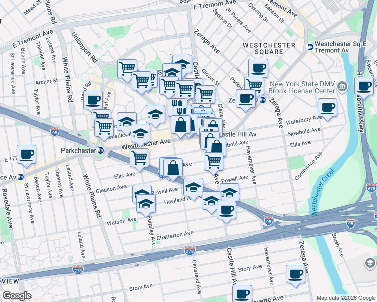 map of restaurants, bars, coffee shops, grocery stores, and more near in The Bronx