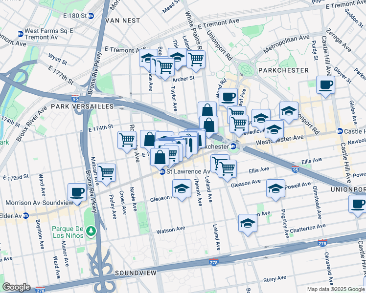 map of restaurants, bars, coffee shops, grocery stores, and more near 1330 Beach Avenue in Bronx