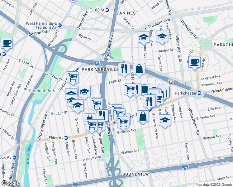map of restaurants, bars, coffee shops, grocery stores, and more near 1328 Fteley Avenue in Bronx
