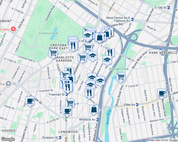 map of restaurants, bars, coffee shops, grocery stores, and more near in The Bronx