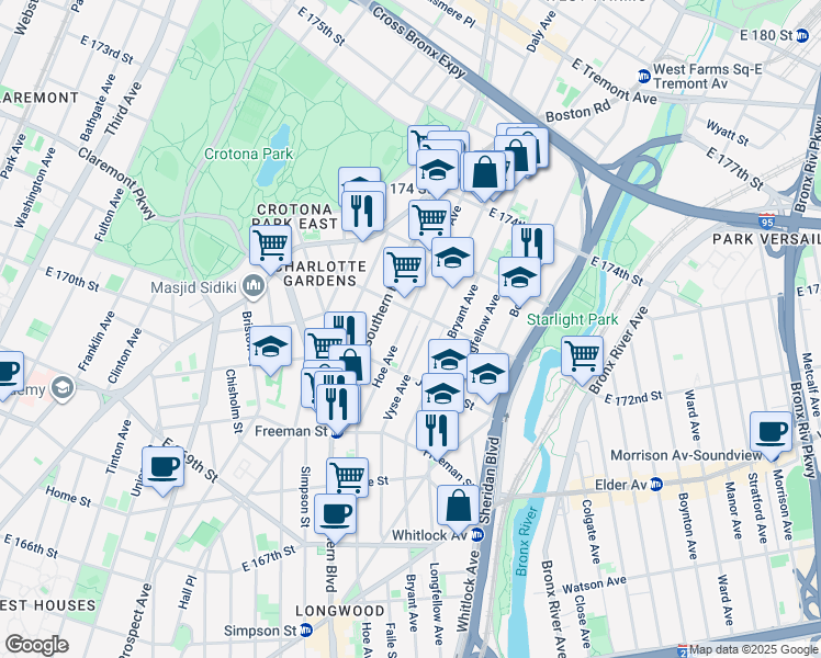 map of restaurants, bars, coffee shops, grocery stores, and more near in The Bronx