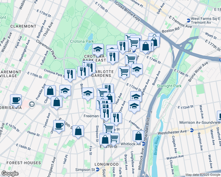 map of restaurants, bars, coffee shops, grocery stores, and more near 1421 Minford Place in Bronx