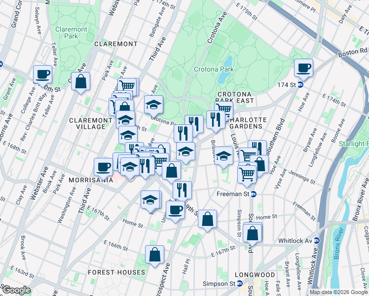 map of restaurants, bars, coffee shops, grocery stores, and more near in The Bronx