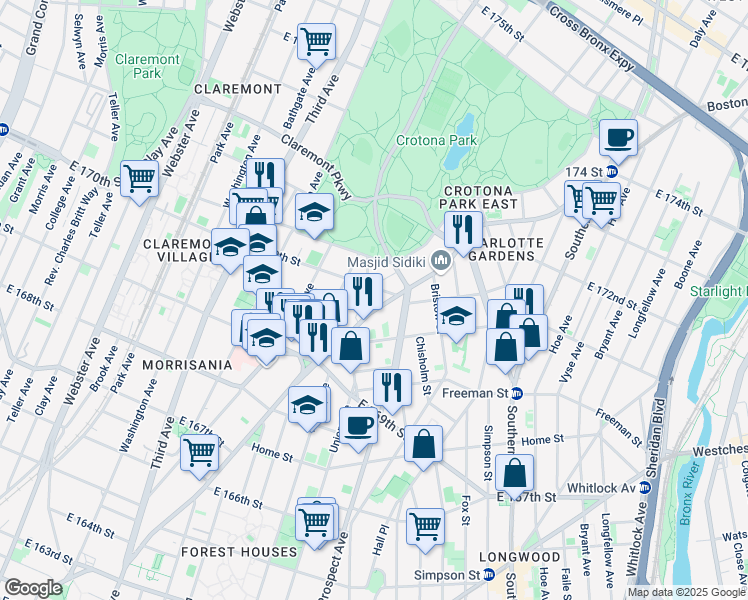map of restaurants, bars, coffee shops, grocery stores, and more near 1377 Boston Road in Bronx