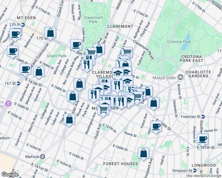 map of restaurants, bars, coffee shops, grocery stores, and more near in The Bronx
