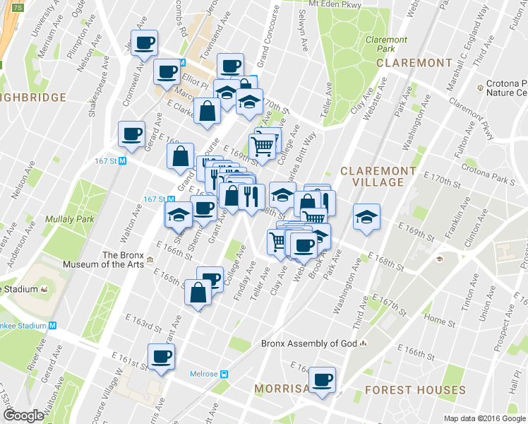 map of restaurants, bars, coffee shops, grocery stores, and more near 1227 College Avenue in Bronx