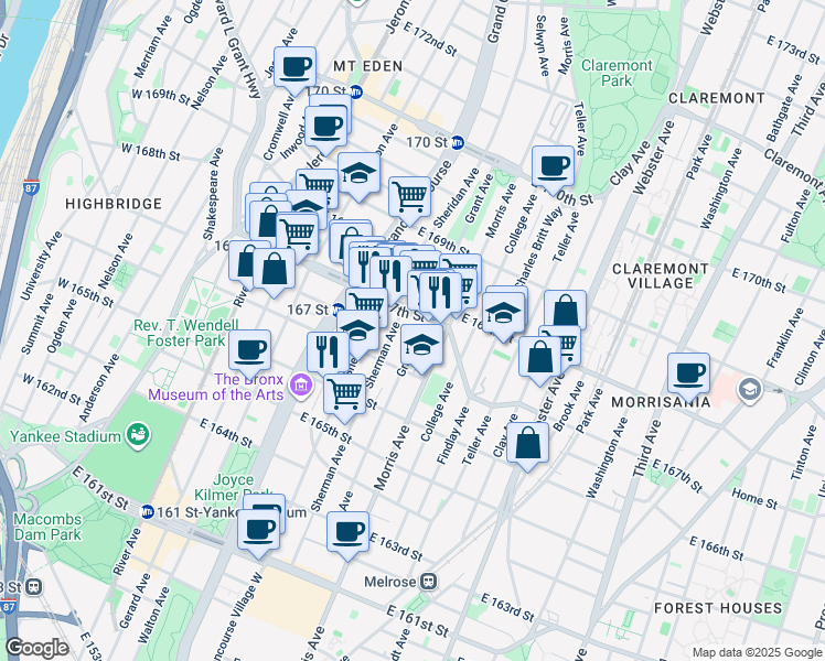 map of restaurants, bars, coffee shops, grocery stores, and more near 1179 Grant Avenue in Bronx
