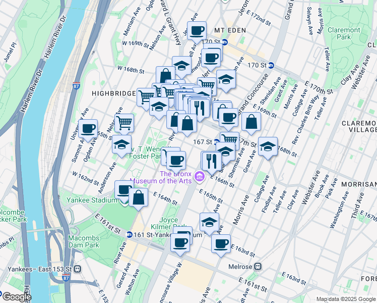 map of restaurants, bars, coffee shops, grocery stores, and more near 1100 Gerard Avenue in Bronx
