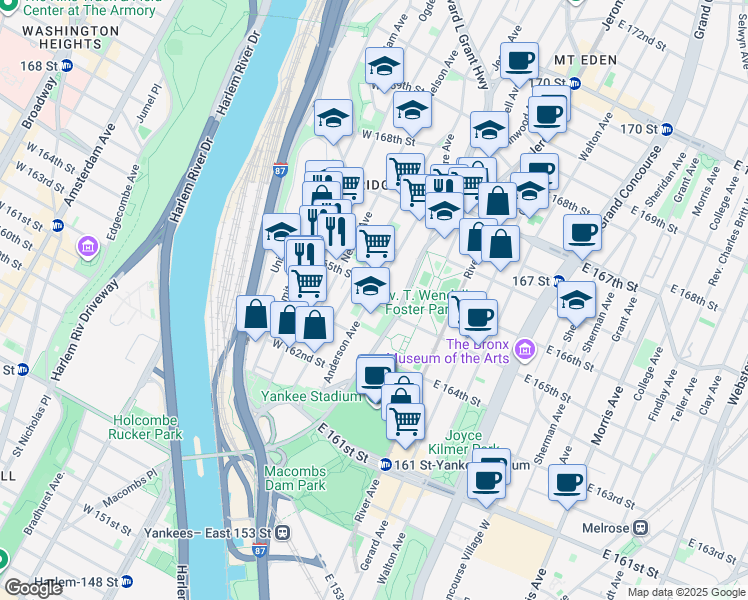 map of restaurants, bars, coffee shops, grocery stores, and more near in The Bronx