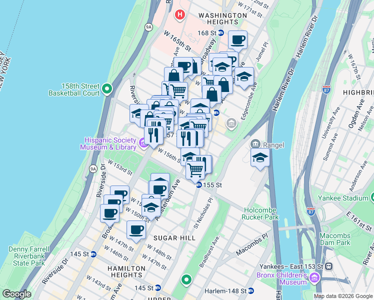 map of restaurants, bars, coffee shops, grocery stores, and more near 1963 Amsterdam Avenue in New York
