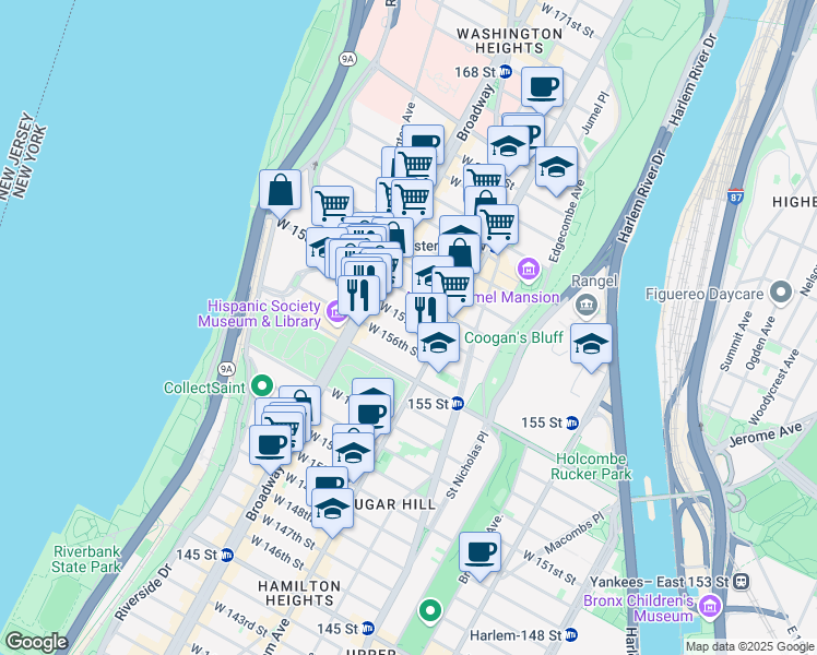 map of restaurants, bars, coffee shops, grocery stores, and more near 539 West 156th Street in New York