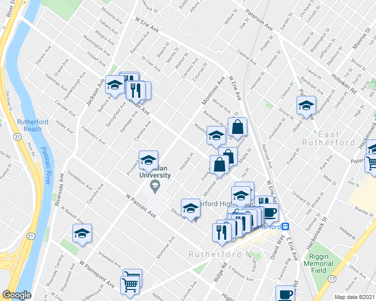 map of restaurants, bars, coffee shops, grocery stores, and more near 132 Hackett Place in Rutherford