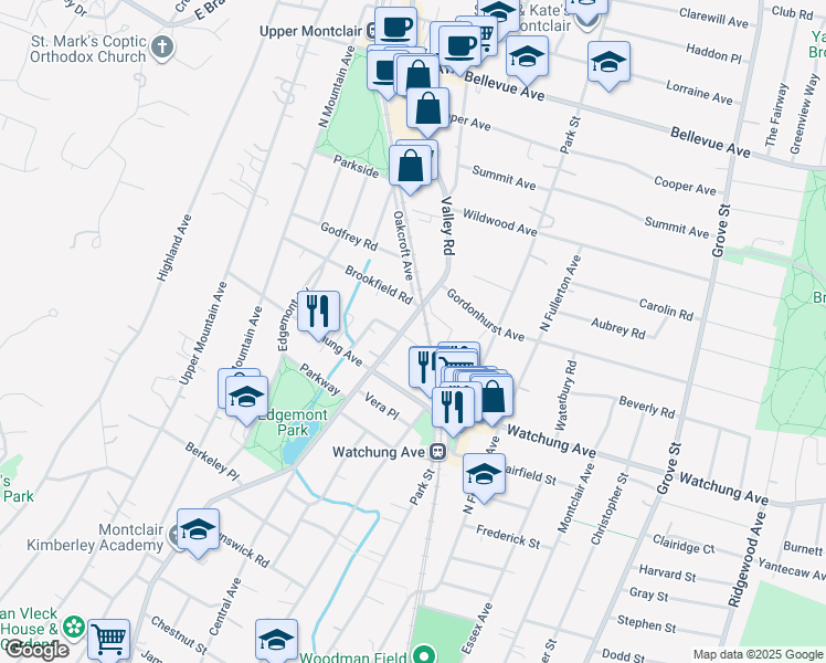 map of restaurants, bars, coffee shops, grocery stores, and more near 20 Appleton Place in Montclair