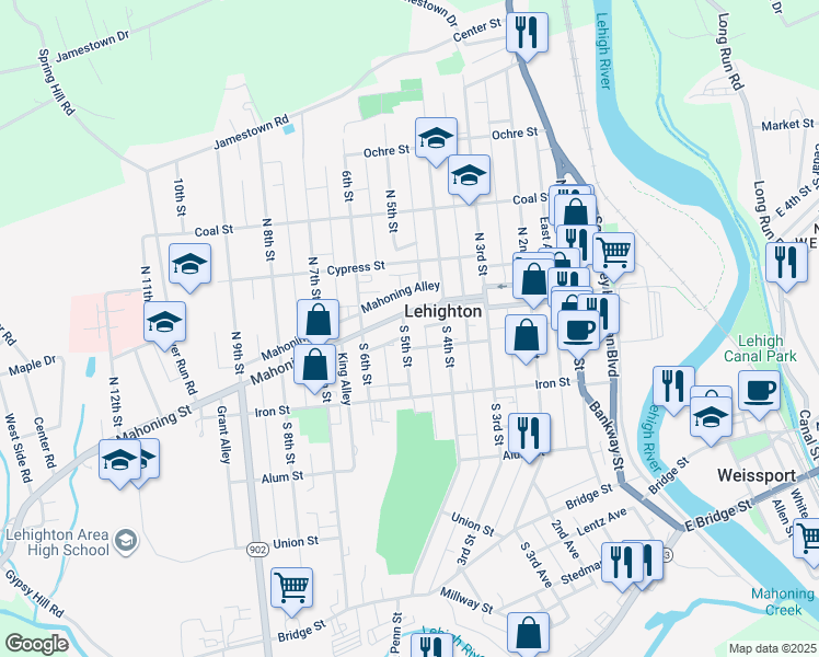 map of restaurants, bars, coffee shops, grocery stores, and more near 100-120 South 5th Street in Lehighton