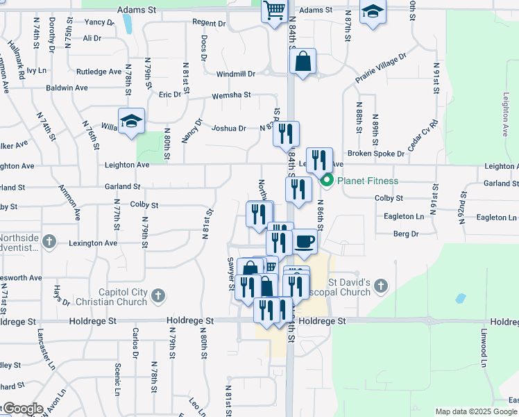 map of restaurants, bars, coffee shops, grocery stores, and more near 2033 Northwoods Drive in Lincoln