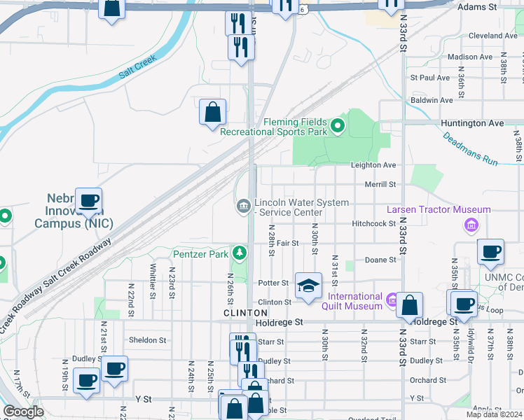 map of restaurants, bars, coffee shops, grocery stores, and more near 2000 North 28th Street in Lincoln