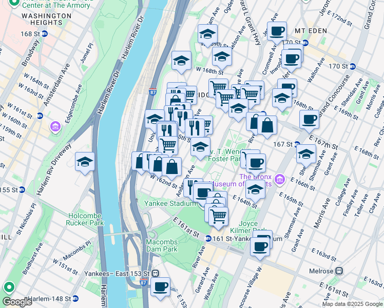 map of restaurants, bars, coffee shops, grocery stores, and more near 1016 Woodycrest Avenue in Bronx