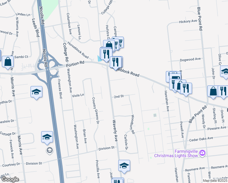 map of restaurants, bars, coffee shops, grocery stores, and more near 11 2nd Street in Farmingville