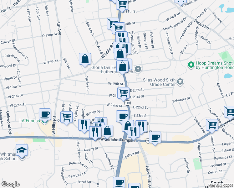 map of restaurants, bars, coffee shops, grocery stores, and more near 24 West 21st Street in Huntington Station