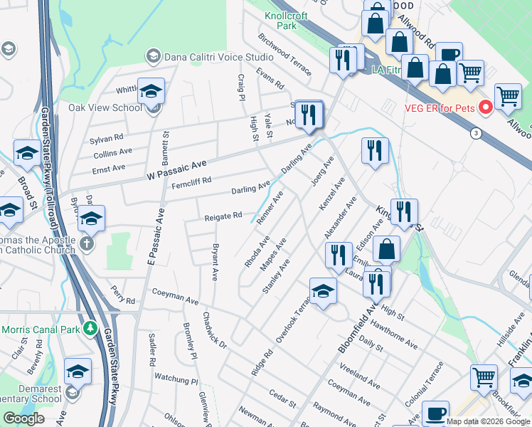 map of restaurants, bars, coffee shops, grocery stores, and more near 39 Rhoda Avenue in Nutley