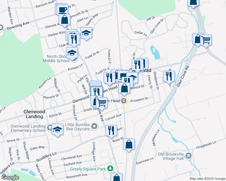 map of restaurants, bars, coffee shops, grocery stores, and more near 2 Oaklawn Avenue in Glen Head
