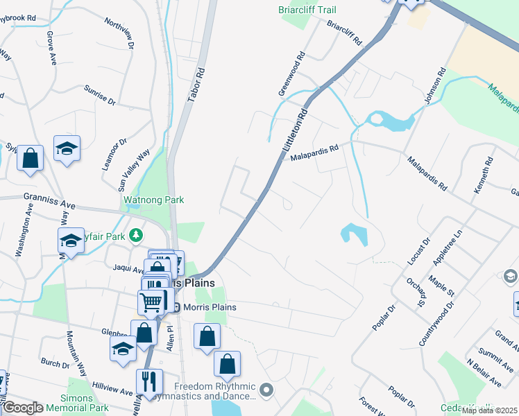 map of restaurants, bars, coffee shops, grocery stores, and more near 77 Littleton Road in Morris Plains