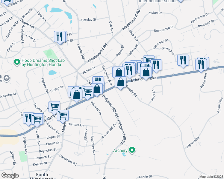 map of restaurants, bars, coffee shops, grocery stores, and more near 600 East Jericho Turnpike in Huntington Station