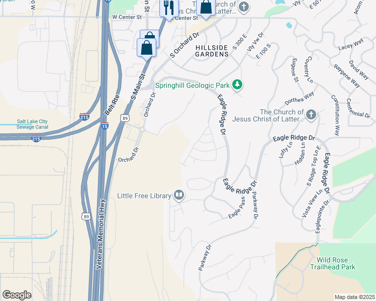 map of restaurants, bars, coffee shops, grocery stores, and more near 460 South Sunset Ridge Drive in North Salt Lake