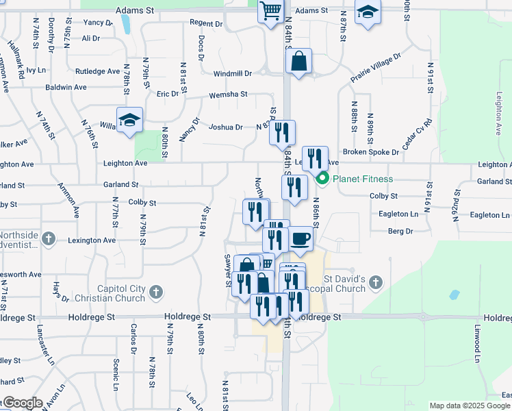 map of restaurants, bars, coffee shops, grocery stores, and more near 2033 Northwoods Drive in Lincoln