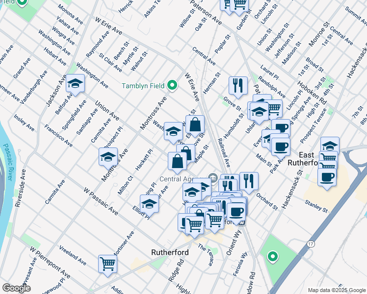 map of restaurants, bars, coffee shops, grocery stores, and more near 79 Washington Avenue in Rutherford