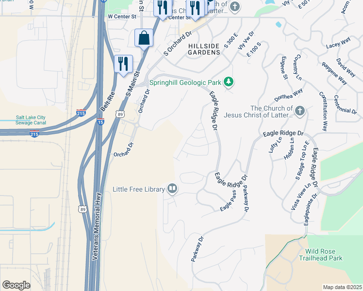 map of restaurants, bars, coffee shops, grocery stores, and more near 460 South Sunset Ridge Drive in North Salt Lake
