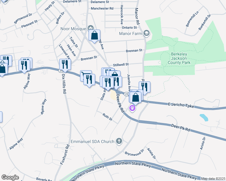 map of restaurants, bars, coffee shops, grocery stores, and more near 1206 East Jericho Turnpike in Huntington