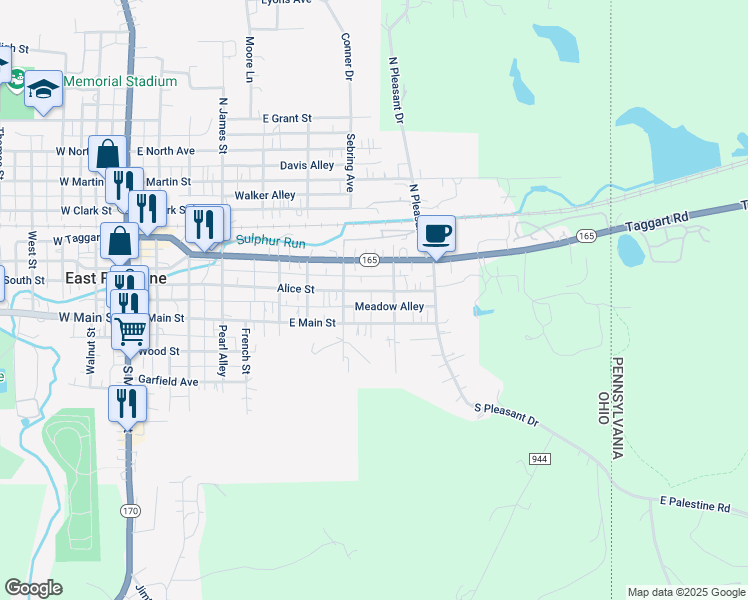 map of restaurants, bars, coffee shops, grocery stores, and more near 605 Alice Street in East Palestine